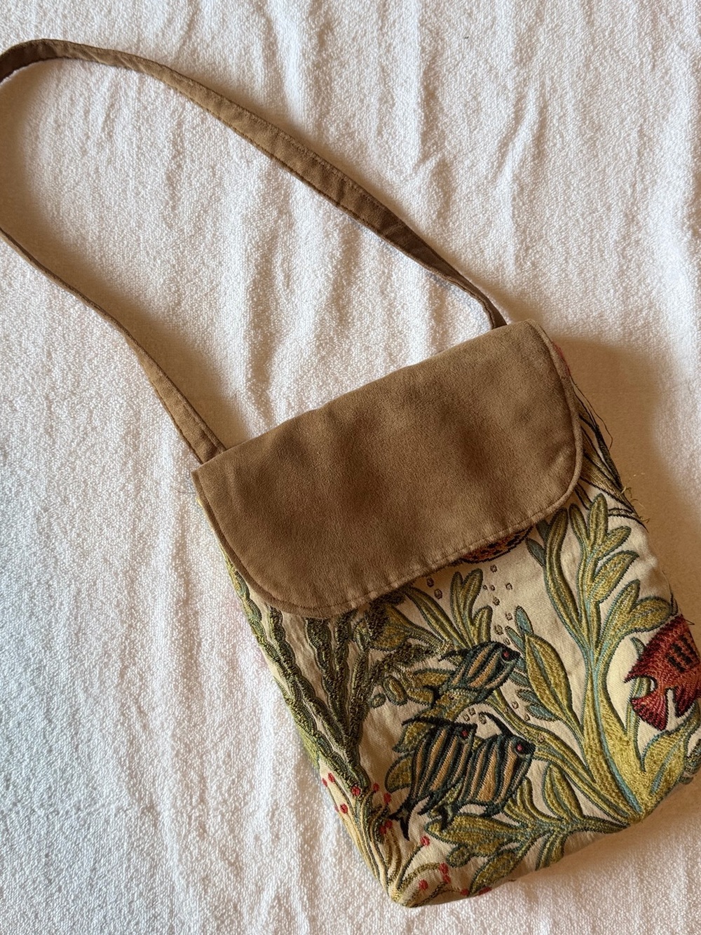 Handmade Floral Embroidered Crossbody Bag | Botanical Tapestry & Suede Trim